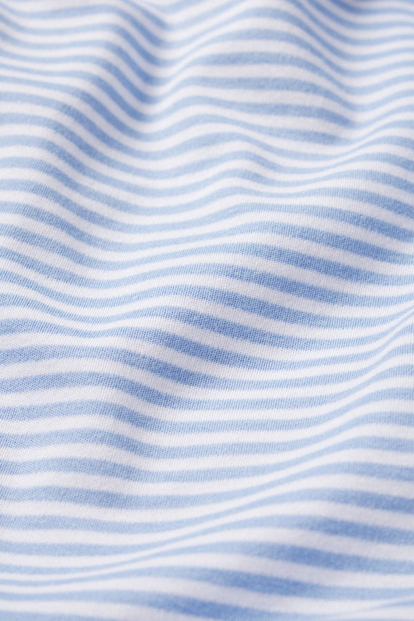 Close-up of the Pima Maternity Long Sleeve Nightgown in Hydrangea, featuring soft Pima Cotton fabric with light blue and white stripes, gentle folds, and a smooth texture.