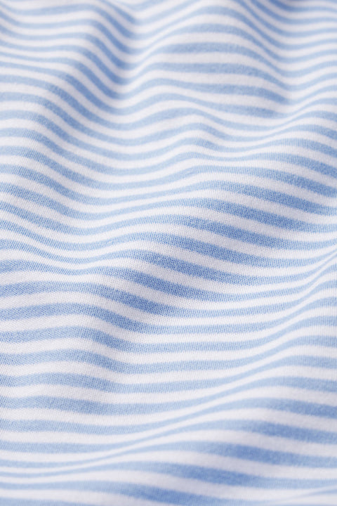Close-up of the Pima Maternity Long Sleeve Nightgown in Hydrangea, featuring soft Pima Cotton fabric with light blue and white stripes, gentle folds, and a smooth texture.